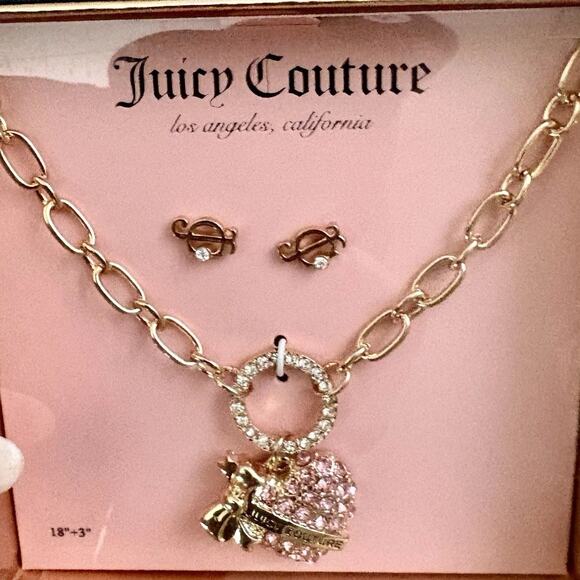 NEW JUICY COUTURE PINK Rhinestone Heart Bow Pendant GOLD Necklace Earring Set - Picture 15 of 16
